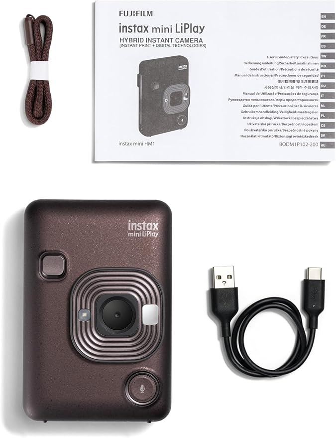 Fujifilm Mini LiPlay Hybrid Instant Camera with Mini Film, 32GB microSD Card, Charging Cable, Hand Strap and Pixibytes Microfiber Cleaning Cloth... (Deep Bronze + 20 Sheets)