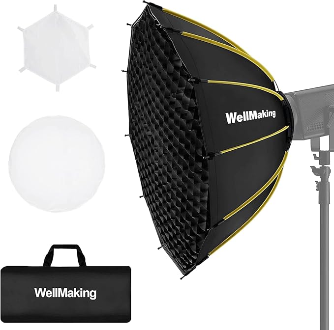 WELLMAKING 25.6inch/65cm Parabolic 16K Softbox Quick Set up and Folding, with Diffusers/Honeycomb Grid/Bag,Compatible with Bowens Mount Light for Portrait or Product Photography Studio Flash Monolight