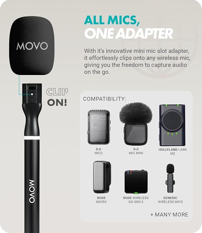 Movo WMX-HM2 Wireless Microphone Handle for DJI Mic, Rode GO II – Handheld Interview Grip with Mic Holder, Adapter & 3 Windscreens – for YouTube, TikTok, Journalism, Content Creation