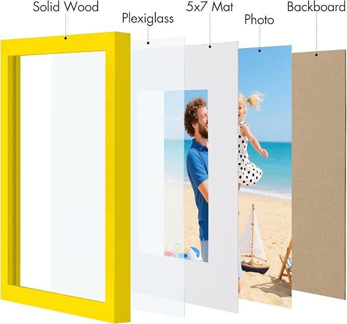 Vittanly 8x10 Picture Frame, Made of Solid Wood and Shatterproof Plexiglass, Display Pictures 5x7 with Mat or 8x10 without Mat, Wooden Photo Frame for Wall Mounting or Tabletop Display, Yellow, 1 Pack