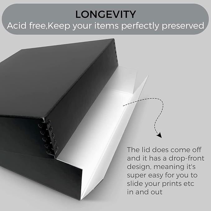 Lineco Museum Archival Storage Box, 11.75x15.25x3 in. Drop Front Design. Acid-Free with Metal Edge. Organize Photos, Pictures, Prints, Documents, Crafts, DIY. Black, 8 Pack
