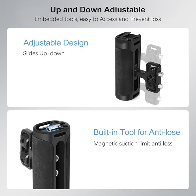 Up and Down Adjustable Left Right Handle Handgrip, Mini Side Handle Handgrip with Cold Shoe Interface and 1/4"-20 Screw Mount for DSLR/Digital Camera Cage