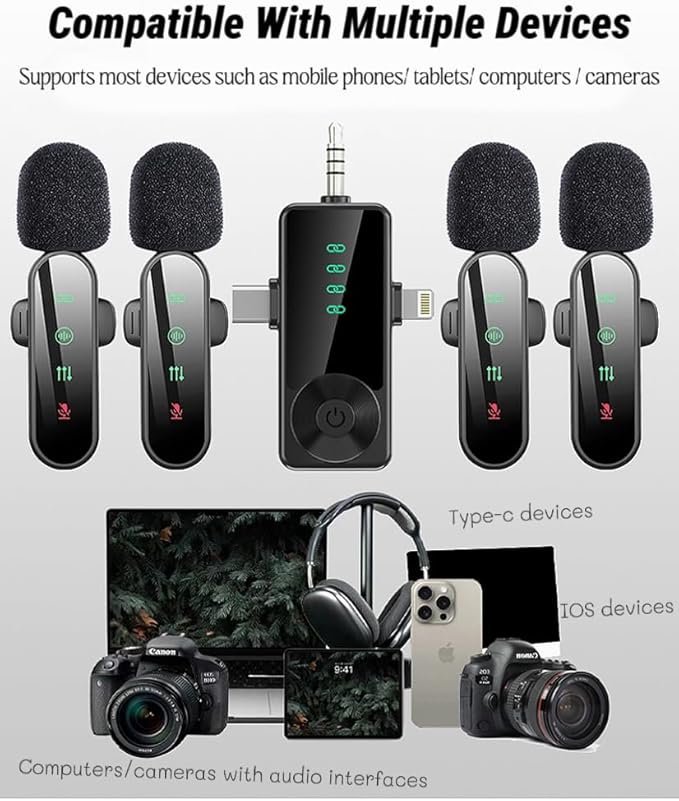 3 in 1/Four in one Wireless Lavalier Microphone for iPhone,iPad,Android,Camera,computer,mini Noise Reduction Recording Mic Ultra-Low Delay,for Vlog/ TikTok/YouTube Live Stream (Upgrade 4mic)