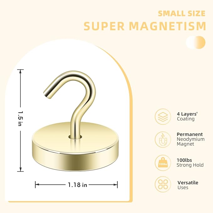Neosmuk Magnetic Hooks, Cruise Ship Essentials, 100lb+ Heavy Duty Magnetic Hooks for Cruise Cabins, Refrigerator, Grill, Hanging, and Travel | Extra Strong Must-Haves Magnet Hook,Gold, 5 Pack
