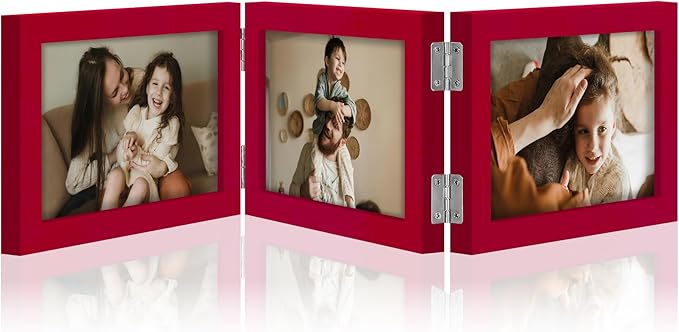 decorUhome Triple 6x4 Picture Frame Horizontal, Engineered Wood Trifold Photo Frame with Plexiglass for Tabletop Display, 6x4, Red