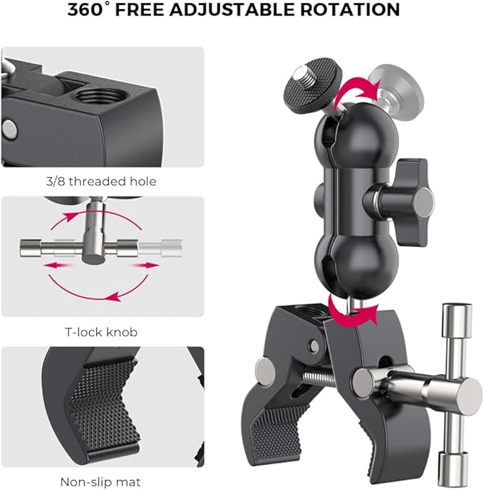 Double Ballhead Magic Arm Camera Clamp Mount Monitor Mount Bracket with Super Clamp with 1/4" and 3/8" Thread for DSLR Camera Rig, LCD Monitor, LED Flash Lights