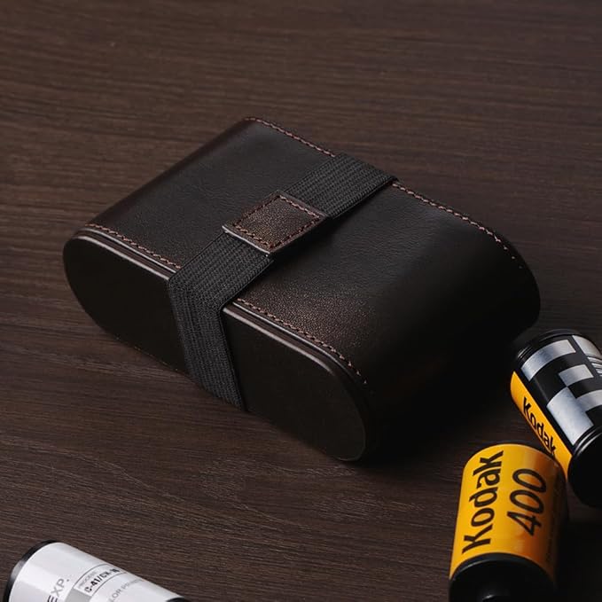 35mm 135 Film Container Storage Box Leather Camera film protection box Storage Carrying Case Bag (Bronze-case)