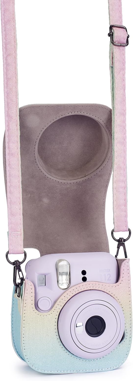 Phetium Instant mini 12 Camera Protective Case Compatible with Instax Mini 12 11,PU Leather Bag with Pocket and Adjustable Shoulder Strap (Shining Rainbow)