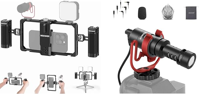 NEEWER PA009 Upgraded Phone Rig Vlogging Kit + VM10 Plug & Play Vlog Microphone for Phone Tablet Mac Camera, Video Stabilizer TikTok YouTube, Compatible with SmallRig iPhone Android