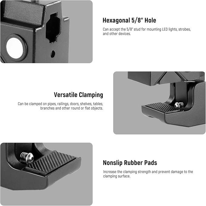 NEEWER Super Clamp with 5/8" Stud, Spring Lock, 2.4"/6cm Jaw Grip Heavy Duty Crab Pole Clamp for Round Pipe Flat Surface, for Photography Studio Camera & Lighting Mounting, Max Load 33lb/15kg, UA017