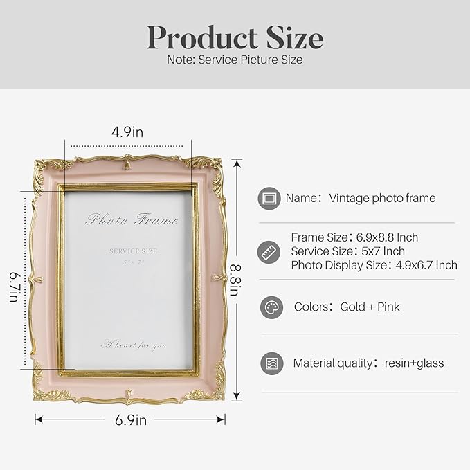 5x7 Pink Picture Frame, Vintage Pink and Gold 5 by 7 Antique Photo Frames, Ornate Textured Hand-Crafted Resin Frame with Glass Front for Tabletop Display or Wall Hanging, Retro Design Home Decor