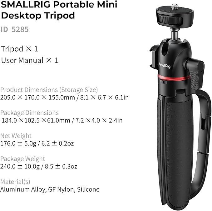SMALLRIG Small Camera Tripod, Extendable Selfie Stick, 8" Mini Handheld Tripod in Carabiner Shape with Mantis Hook, 360° Ball Head, Cold Shoe Mount, 1/4"-20 Screw for DSLR, Action Camera, Phone - 5285