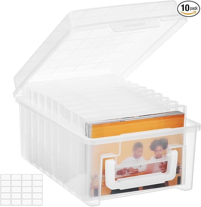 ALINK Photo Storage Box 5 x 7 In Photo Case, 10 Inner Large Photo Keeper, Clear Photo Storage Container, Seed Craft Cards Pictures Organizer, Plastic Office Organizer with 1 Label Sticker
