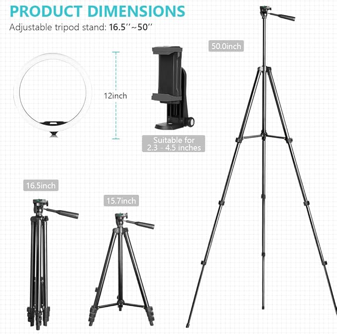 Sensyne 12'' Ring Light with 50'' Extendable Tripod Stand, LED Circle Lights with Phone Holder for Live Stream/Makeup/YouTube Video/TikTok, Compatible with All Phones
