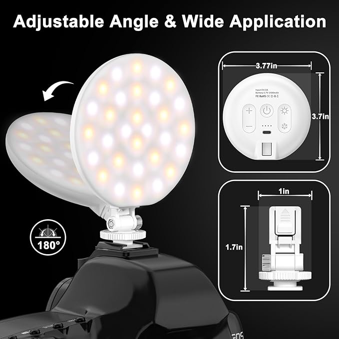 Hagibis LED Video Light, 2500mAh Rechargeable Camera Light, CRI97+ Dimmable Ring Light with Cold Shoe Mount, Portable Photography Lighting for Camera Phone Photography, Vlog Filming&TikTok Live(White)