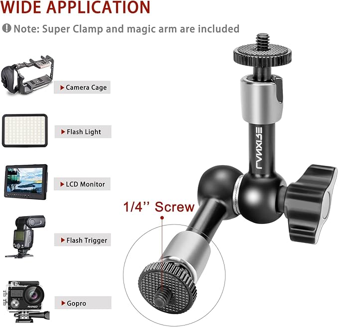 Super Clamp and 5.9 Inches Adjustable Friction Magic Arm with 1/4’’ Screw - Compatible with Camera Cage, Flash, LED Light, Microphone, Monitor - Max Load 4.4lb/2kg