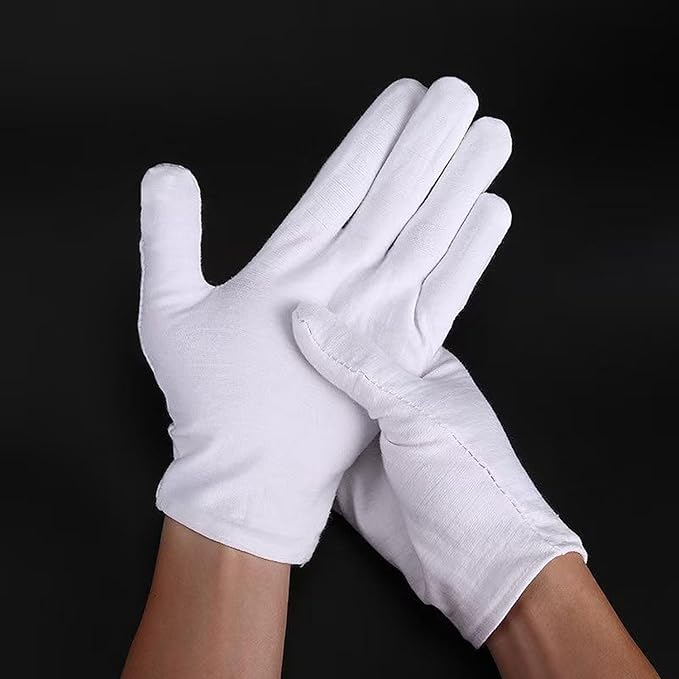 12 Pairs White Cotton Gloves for Eczema Dry Hands Breathable Work Glove Liners Moisturizing Spa Jewelry Inspection Etiquette Gloves Stretchy Fit for Men Women 24PCS Archival Photo Gloves (Medium)