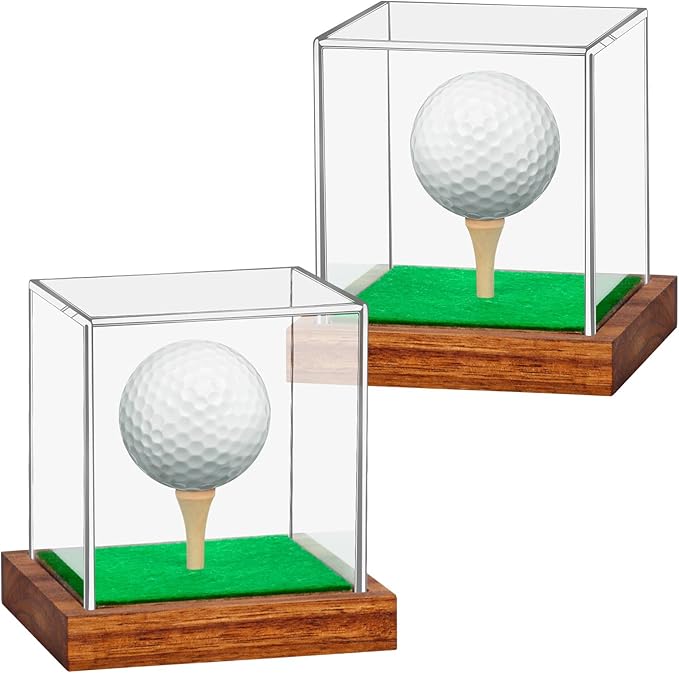 Hooqict 2 Pack Golf Ball Display Case Clear Acrylic Golf Ball Case Display with Wood Base & Tee Ball Holder Stand UV Protected Square Cube Box Golfball Collections