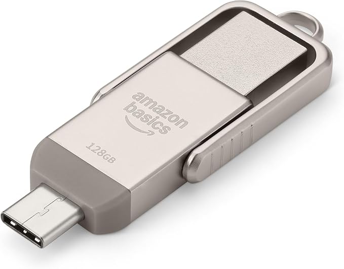 Amazon Basics USB Flash Drive, Thumb Drive Memory Stick with USB C and USB A Dual Ports, 128GB, Champagne Silver