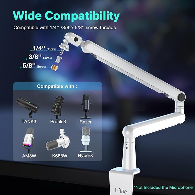 FIFINE Boom Arm Mic Stand, Low Profile Microphone Arm Stand, Podcast Mic Boom Arm with Desk Mount, Cable Channels Management, Metal Boom Arm White for Recording/Streaming/Gaming/Home Office-BM88W
