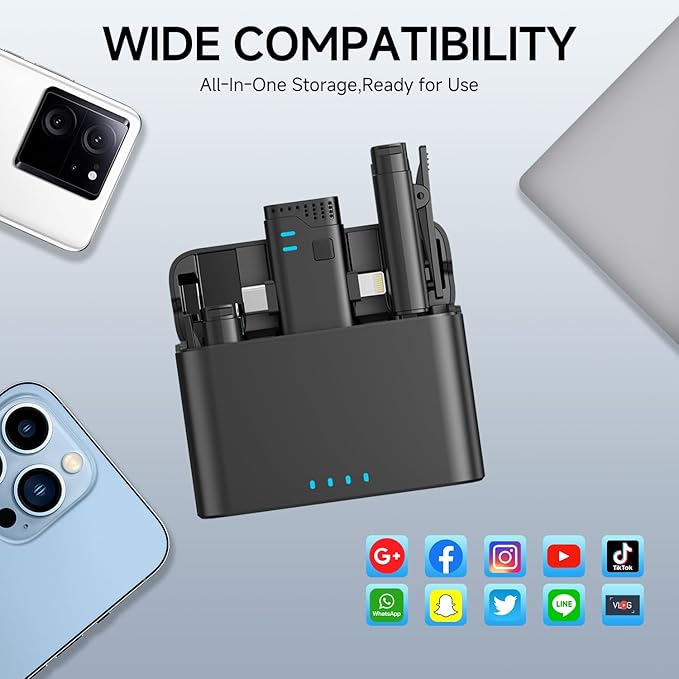 2 in 1 Professional Wireless Lavalier Microphone for Android, iPhone iPad with Charging Case Noise Cancellation Plug-Play Clip on Lapel Mic for YouTube, Recording, Facebook Live Streaming (Black)