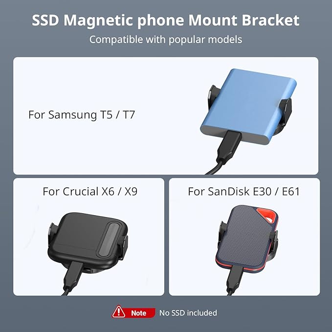 SMALLRIG SSD Magnetic Phone Mount Bracket SSD Holder with Magsafe, 45-70mm（1.77''-2.76'' Wide Clamping, 1/4"-20 Threads and Cold Shoe, for Samsung T3/T5, for SanDisk, for Crucial, for iPhone - 5157