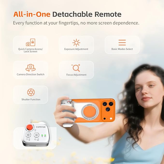 COMITOK MOCA - iPhone Camera Grip - for Native Camera Control with Removable Remote & Built-in Keychain, Magnetic Phone Camera Grip No Need App Support iOS26/17/18, Fun Shot Magnetic Grip with 1/4 Nut