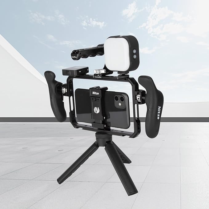 Nitze Smartphone Cage, Universal Phone Video Rig, with Ergonomic Side Handles, Adjustable Cellphone Clamp and 5 Built-in Cold Shoes, for Vlogger and Videographer - T-MP01B