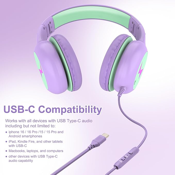 Kids Headphones Wired with Microphone, USB Type C Headphones for Kids Girls Boys with Cord/LED Lights/85/94dB Volume Limit, Portable Over Ear Headphones for School/Travel/Tablet/iPad
