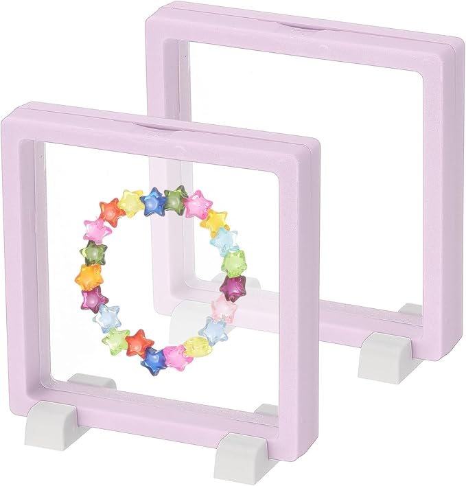 PATIKIL 2Pcs Floating Display Case, 4.3 Inch Jewelry Display Case Stand Challenge Coin Holder Frames Transparent Small Storage Box 3D for Necklace Bracelets Pendants, Light Purple/White