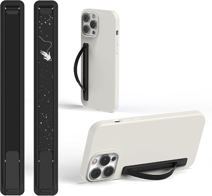 SleekStrip SleekGrip-Essential Ultra Thin Phone Grip Stand,Slim Metal Finger Loop Ring Hand Holder Strap Cell Phone Grips for iPhone 16 Pro Max,17 Air,Android,Case Back - Jet Black & Space Odyssey 2PK