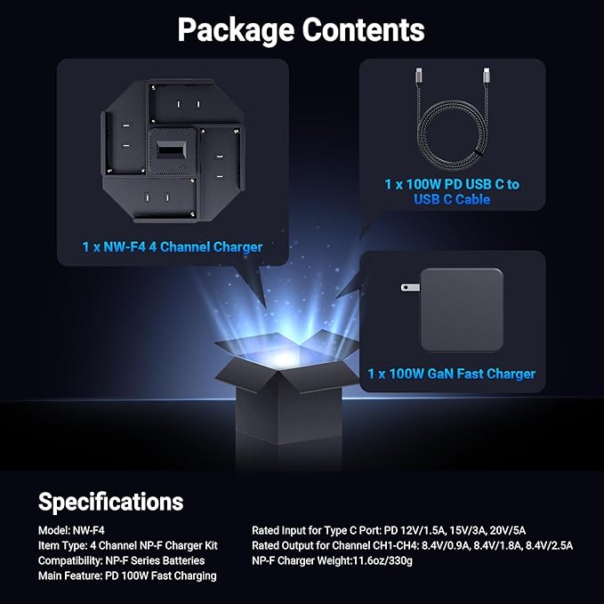 NEEWER 4 Channel NPF Battery Charger for NP-F550 NP-F750 NP-F970 Camcorder Camera Battery, 100W PD Fast Charging with PD 100W GaN Fast Wall Charger, USB C to USB C Cable, OLED Display, NW-F4