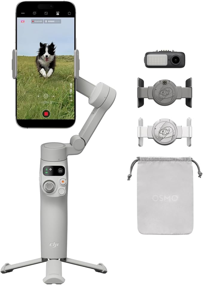 DJI Osmo Mobile 7 Gimbal Stabilizer for iPhone, Android, Built-in Tripod, Ultra-Light, Comfortable Grip, 3-Axis Phone Gimbal, ActiveTrack 7.0, ShotGuides, One-Tap Edit, 10hrs Use, with Tracking Kit
