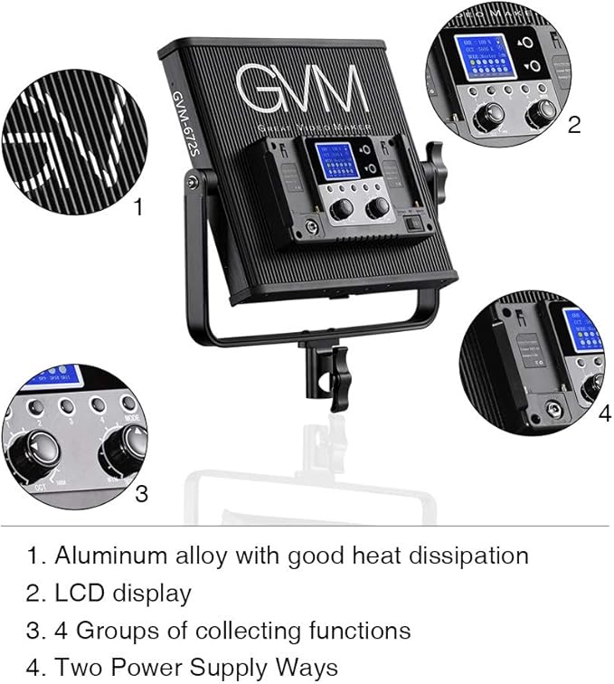 LED Video Light GVM 672S CRI97+ TLCI97+ 22000lux Dimmable Bi-color 3200K-5600K Light Panel With Digital Display For Outdoor Interview Studio Video Making Photography Lighting 3 pcs Kit