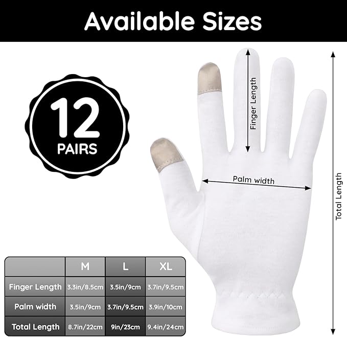 Segbeauty 24 Count White Cotton Gloves with Touchscreen Fingertips, 12 Pairs Moisturing White Gloves with Elastic Band for Dry Hands, Soft Thick Cotton Sleeping Gloves Overnight for Men & Women Large