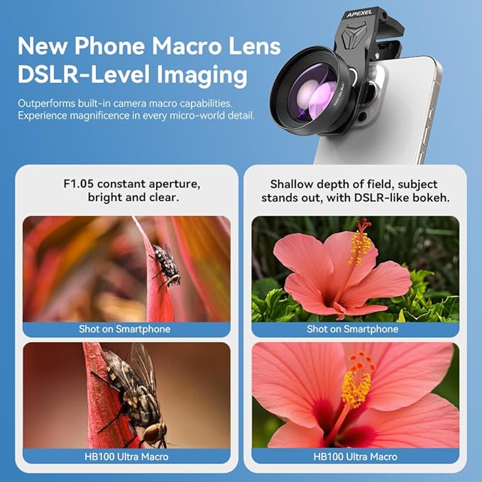 APEXEL 100Ultra Macro Lens + Fill Light- Enhanced Version Smartphone Lens for iPhone| Professional Macro Photography of Flowers, Iinsects, Jewelry, Food Details and Other Small Objects