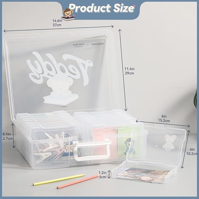 Party Club of America Photo Storage Box 4" x 6" Cases With Handle - 16 Inner Keeper (Clear-School style pattern)