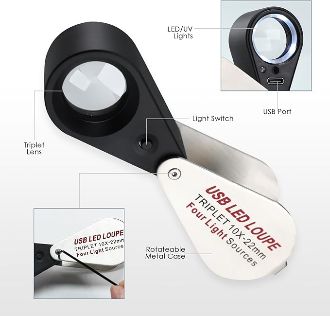 JuviPerpric 10X Jewelers Loupe with UV & LED Lights with Four Light Modes,22mm Portable Pocket Folable Loupe Jewelry Magnifier for Jewelry, Rocks, Coins (Sliver)