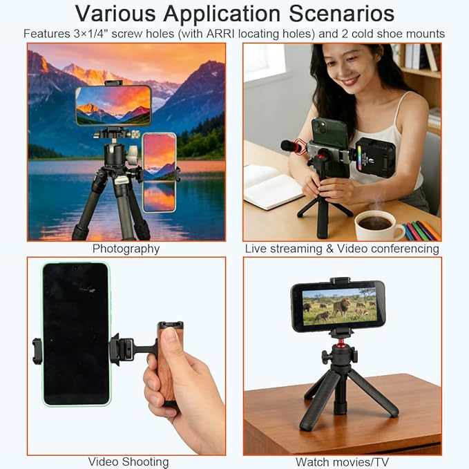Metal Phone Tripod Adapter Mount with Cold Shoe/Arca-Swiss Quick Release Plate/1/4” Thread Holes, Smart Phone Stand Clamp Holder for Tripod Compatible with iphone 17/16/15/14/13 Pro Max/Samsung