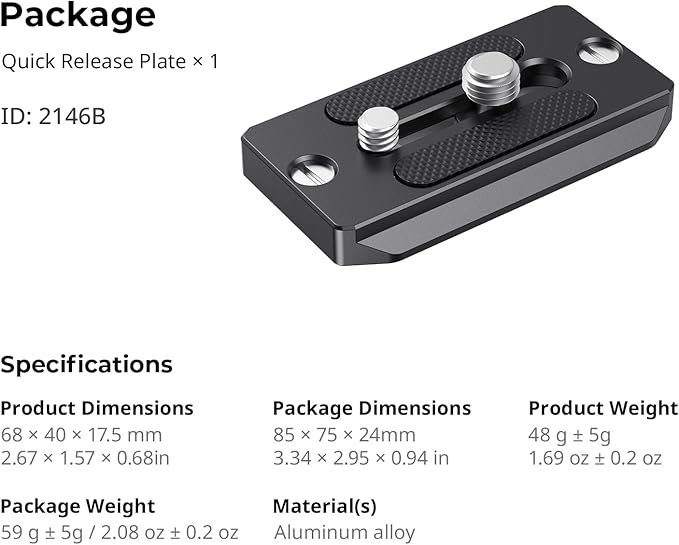 SMALLRIG Quick Release Plate for Arca Swiss, Baseplate with 1/4''-20 Screw, 3/8''-16 Screw, for Cameras and Cages - 2146B