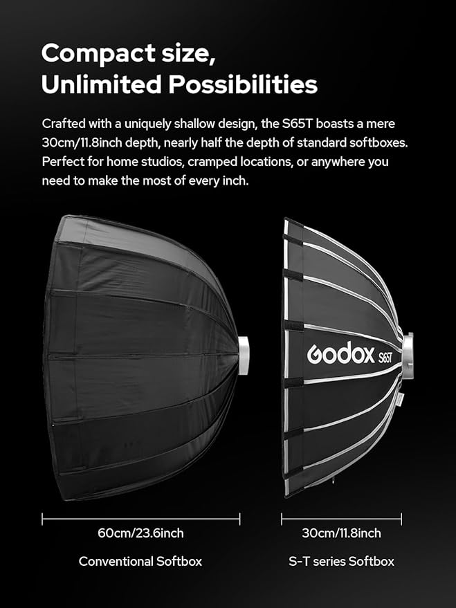 Godox Softbox Godox S65T 65cm/25.6in Quick Release Umbrella Softbox, Bowens Mount with Removable Front and Inner Diffusers for Photography, Live Streaming and Travel