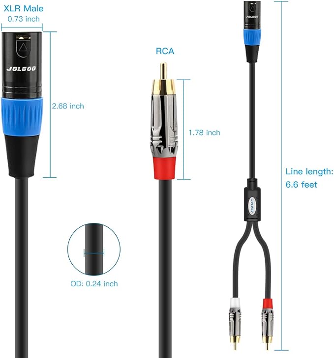 Unbalanced Dual RCA to XLR Male Y Splitter Patch Microphone Cable, 1 XLR Male to 2 RCA Male Y Adapter Cord Cable, 6.6 Feet