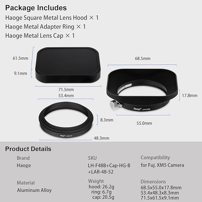 Haoge Metal Square Lens Hood for Nikon NIKKOR Z 40mm f/2, Z 28mm f/2.8, Z 28mm f/2.8 (SE) Z 26mm f2.8 Lens,Fuji XC 15-45mm f/3.5-5.6, Screw Hood, Compatible with 52mm UV Filters