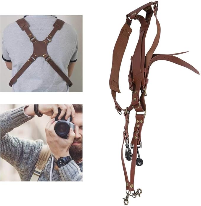 Pilipane Camera Harness, Shoulder Leather Camera Strap, Double Shoulder Camera Strap Harness Quick Release adjust Camera Tether Strap, Camera Holster