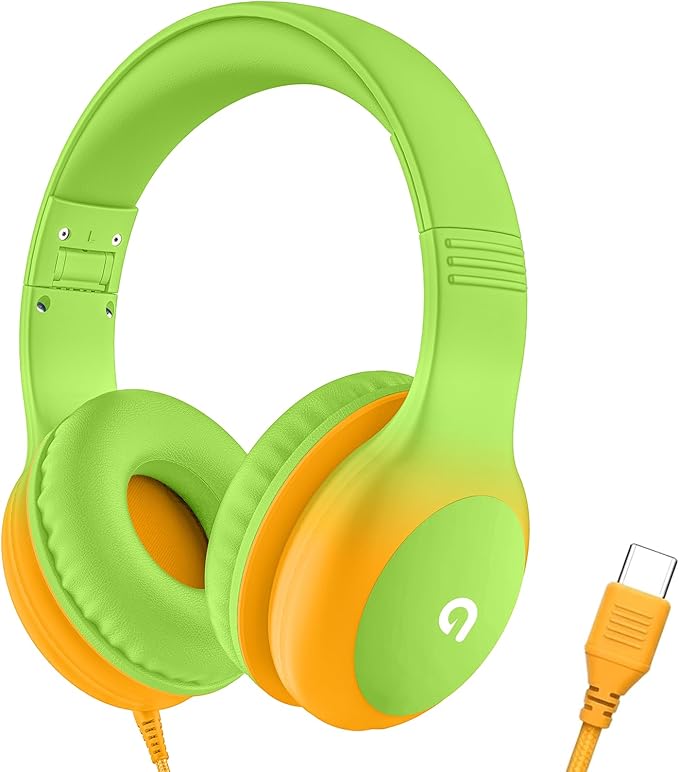 Wired Kids Headphones with USB C Plug, 85dB Safe Volume, Adjustable Headband, Tangle-Free Cord Headphones for School, Tablet, Travel (Lime Green & Orange, Without Microphone)