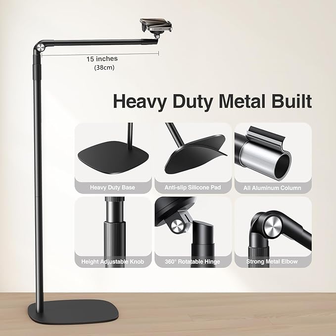 elitehood Floor Phone Stand Overhead Video Recording, 360 Degrees Swivel Tilt Adjustable iPhone Stand for Bed, Chair, Desk, Floor Phone Holder Compatible with iPhone 15, 14, 13, 12, Android Phone