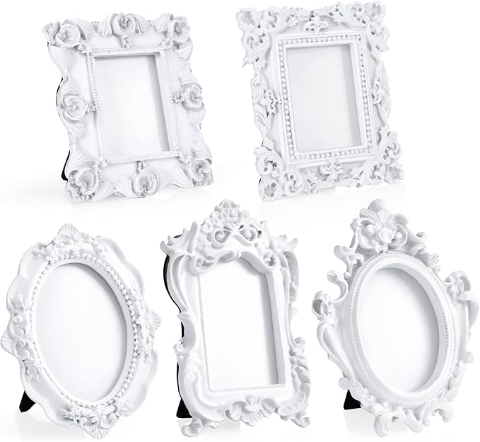 Maitys 5 Pcs Mini Picture Vintage Frames with Stands Tiny Antique Photo Baroque Ornate Resin Oval Frame Table Top Display Home Wedding Decor (White)