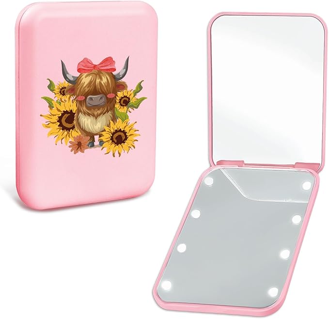 Pink Travel Compact Mirror with Light for Purses 1X/2X Magnification Mini Led Portable Pocket Makeup Mirror, Cute Sunflower Trendy Birthday Gift Stocking Stuffers for Teen Girls Women