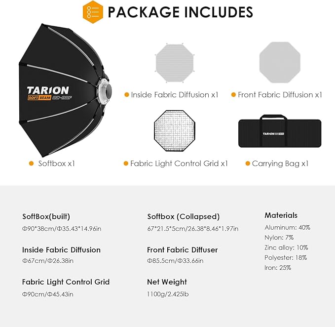 TARION Quick Release Octagonal Softbox - Bowens Mount Softbox with Diffusers/Honeycomb Grid/Carrying Bag for Live Streaming, Photography, Videography (Octagonal 35.4"/90cm)