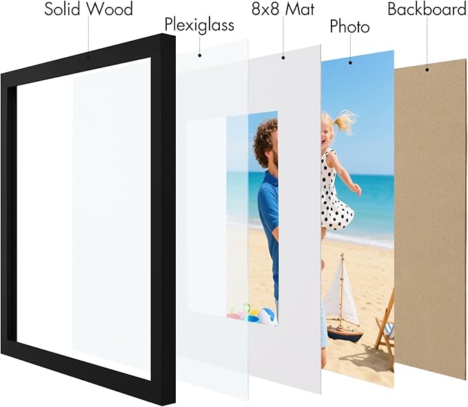 Vittanly 12x12 Picture Frame, Made of Solid Wood and Shatterproof Plexiglass, Display Pictures 8x8 with Mat or 12x12 without Mat, Wooden Photo Frame for Wall Mounting, Black, 1 Pack